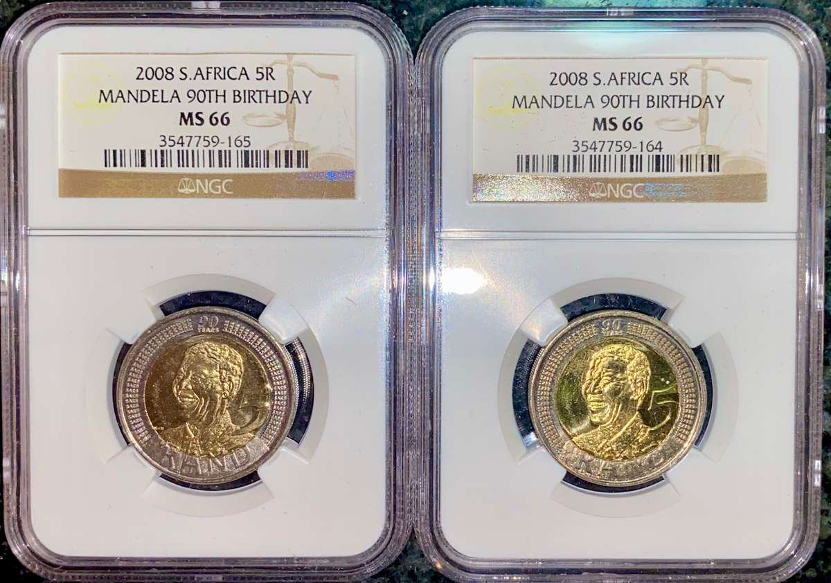 SOUTH AFRICA GRADED IN SEQ SET COMMEMORATIVE R5 - MANDELAS 90TH BIRTHDAY MS66 NGC (1 BID TAKES ALL)