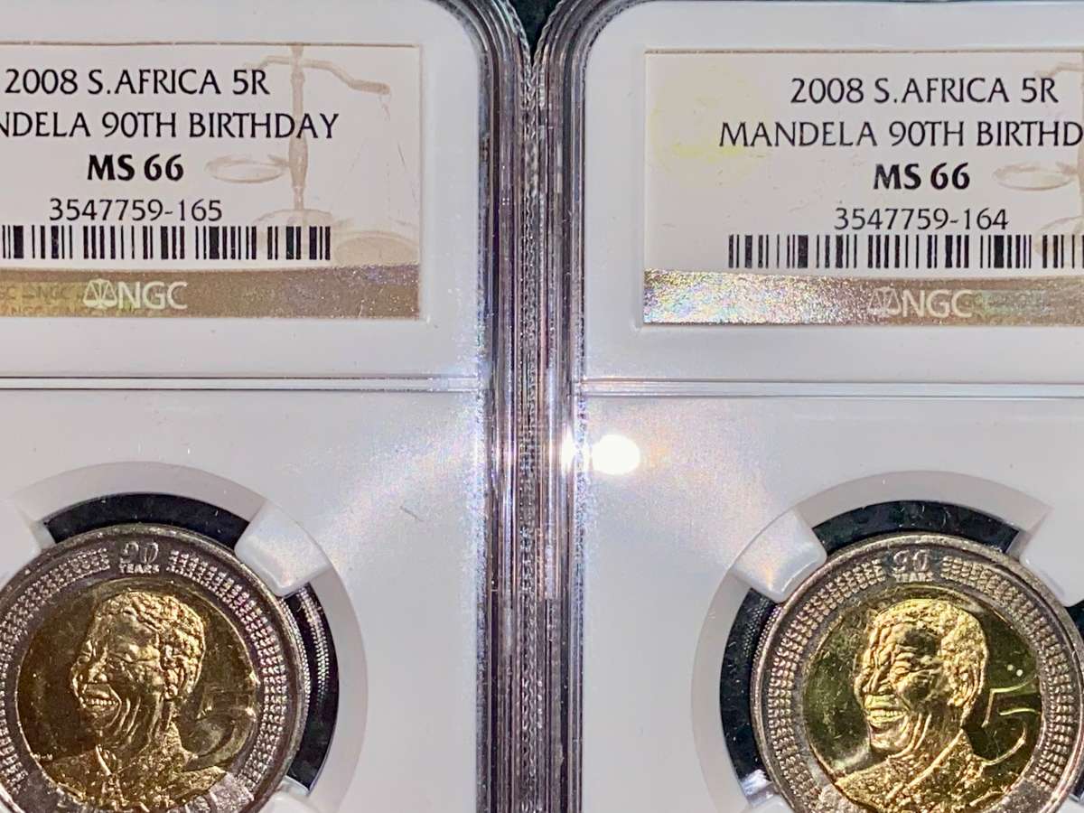 SOUTH AFRICA GRADED IN SEQ SET COMMEMORATIVE R5 - MANDELAS 90TH BIRTHDAY MS66 NGC (1 BID TAKES ALL)