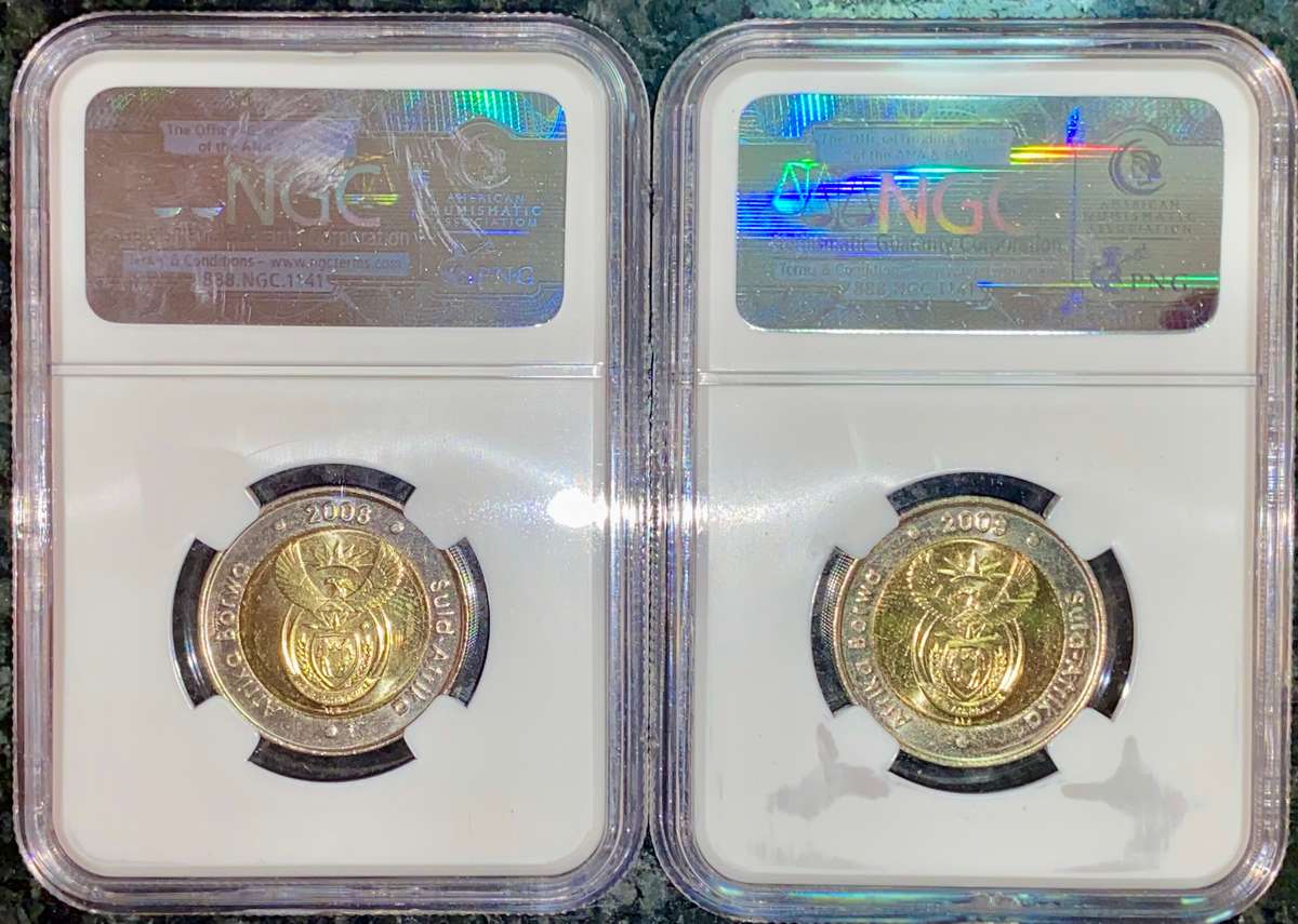 SOUTH AFRICA GRADED IN SEQ SET COMMEMORATIVE R5 - MANDELAS 90TH BIRTHDAY MS66 NGC (1 BID TAKES ALL)