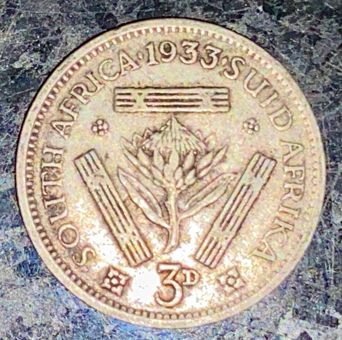 S A UNION SILVER 3D THREEPENCE TICKEY --1933 --