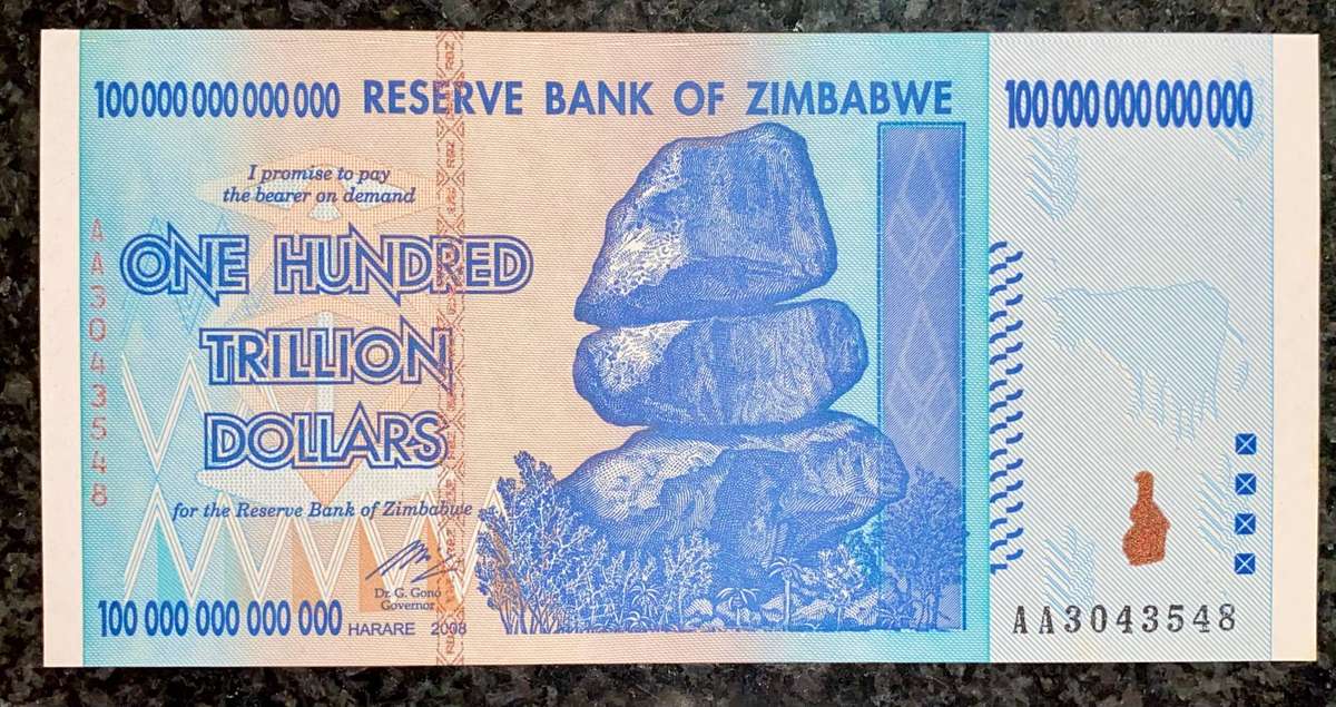 Zimbabwe 100 Trillion dollars 2008 AA Harare unc - 100% Authentic Banknote