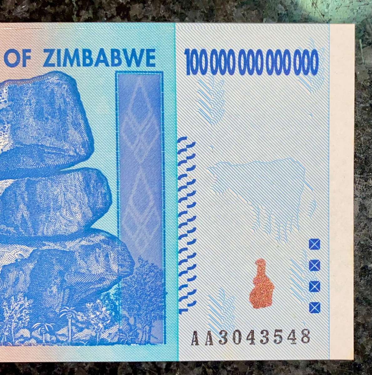 Zimbabwe 100 Trillion dollars 2008 AA Harare unc - 100% Authentic Banknote