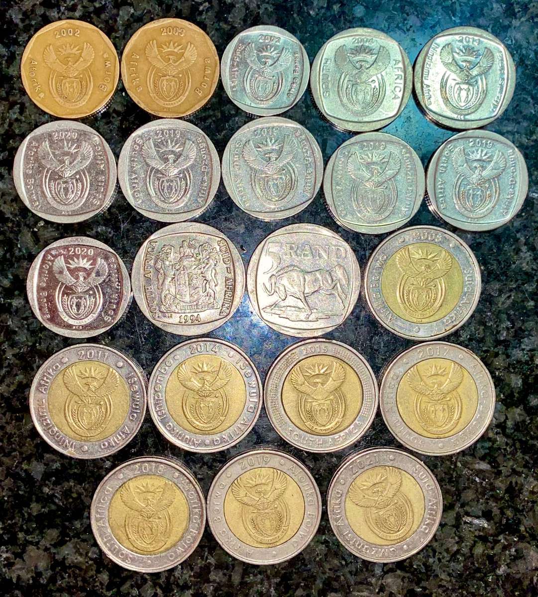 COMPLETE SET OF ALL SOUTH AFRICAN COMMEMORATIVE COINS 1994 TO 2021 - 50 CENT TO R5 GOOD CONDITION