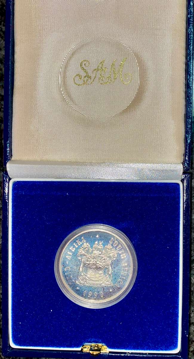 SOUTH AFRICA SILVER PROOF R1 -- 1990 -- IN CAPSULE & ORIGINAL S A MINT BOX