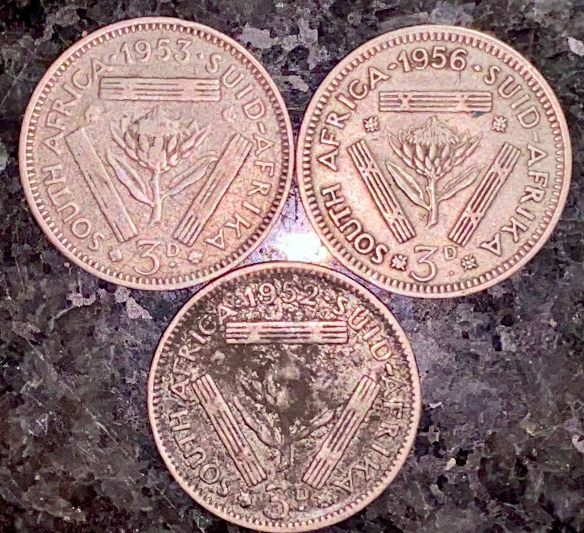 SA Union Silver set 3d threepence 1952 - 1953 & 1956 (1 bid takes all)