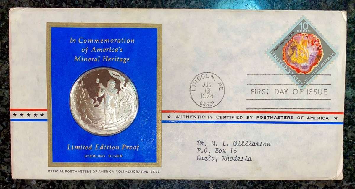 USA Proof Silver 1OZ - 1974 FDC - Postmaster Of America - Mineral Heritage + Stamp + COA