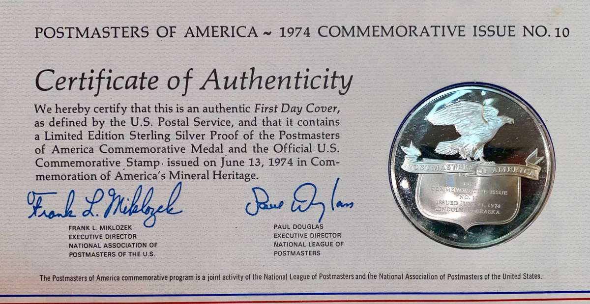 USA Proof Silver 1OZ - 1974 FDC - Postmaster Of America - Mineral Heritage + Stamp + COA