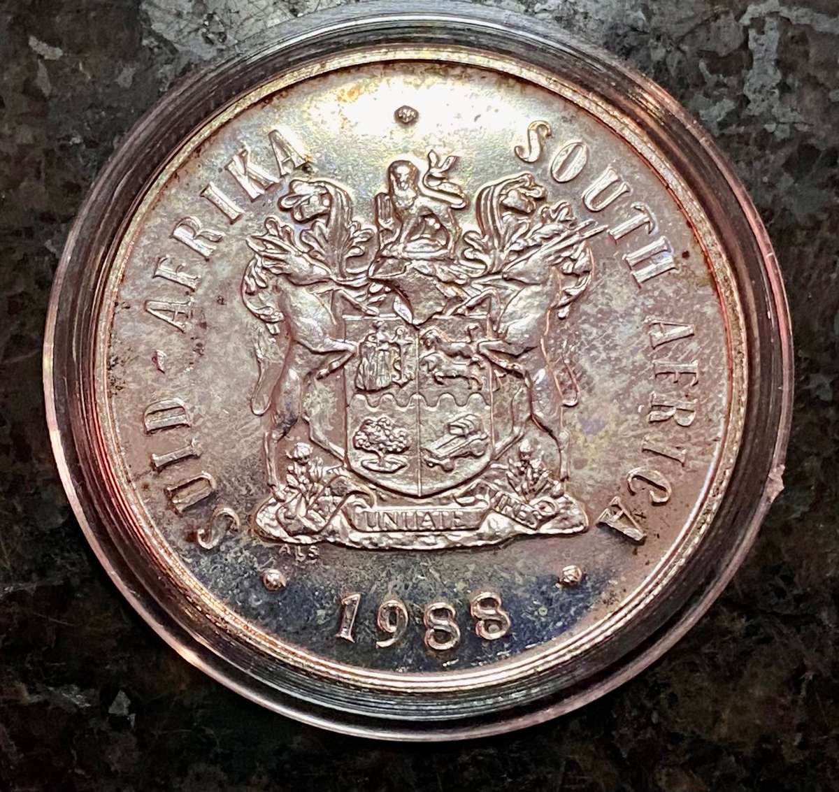 SOUTH AFRICA SILVER PROOF R1 --1988-- LES - HUGUENOTS 1688-1988 IN CAPSULE