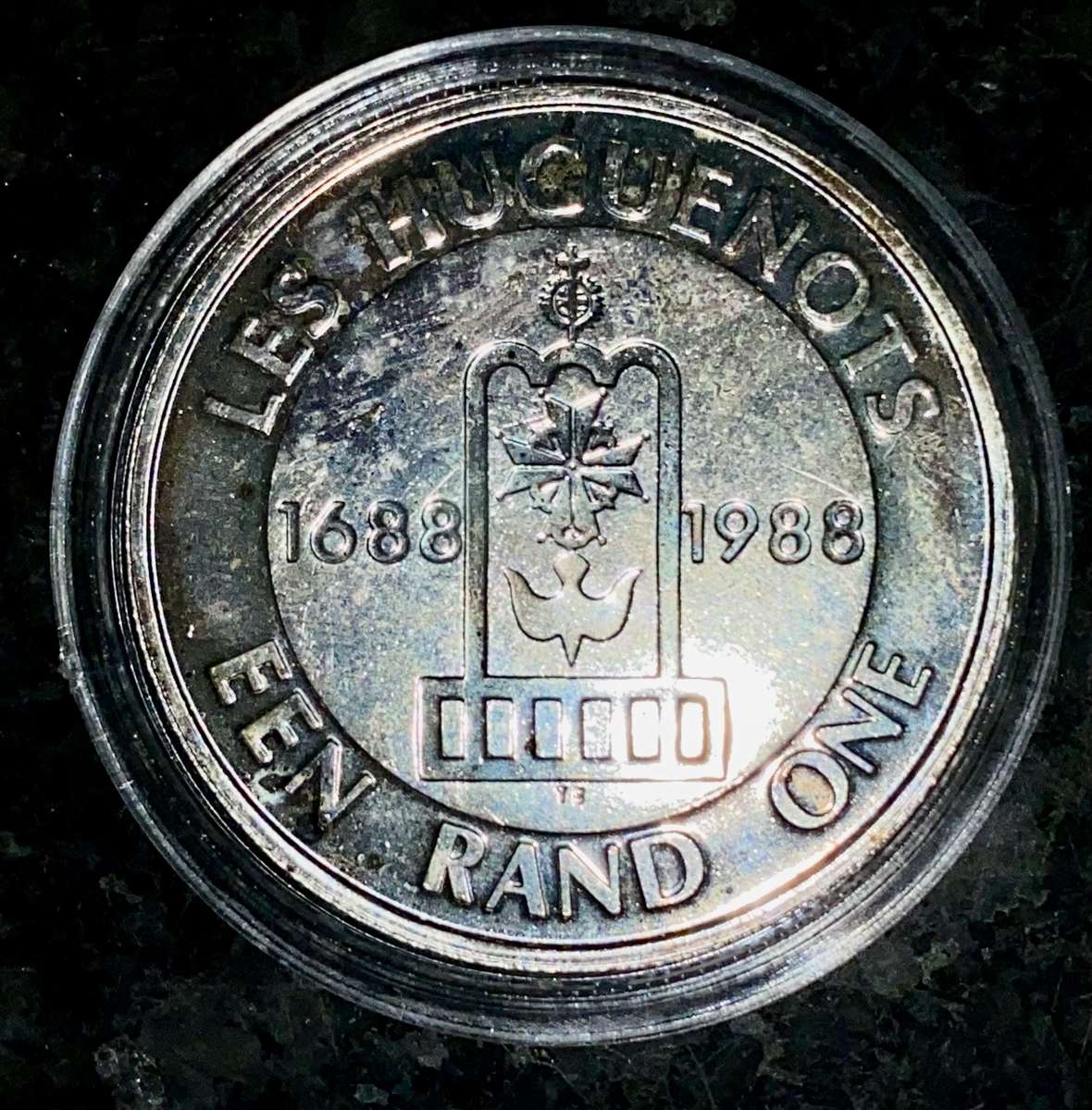 SOUTH AFRICA SILVER PROOF R1 --1988-- LES - HUGUENOTS 1688-1988 IN CAPSULE
