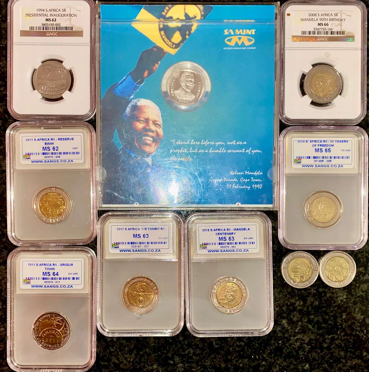 COMPLETE SET COMMEMORATIVE R5 COINS 1994 TO 2021--7 GRADED COIN MS66 -MS62 + PROOF LIKE 2000 MANDELA