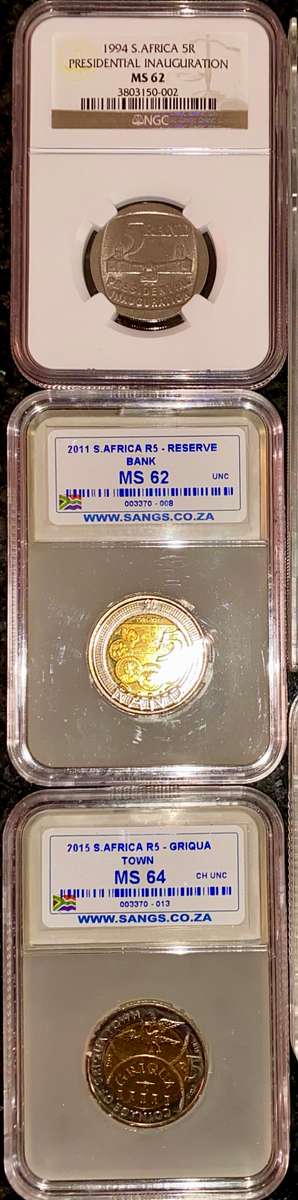 COMPLETE SET COMMEMORATIVE R5 COINS 1994 TO 2021--7 GRADED COIN MS66 -MS62 + PROOF LIKE 2000 MANDELA