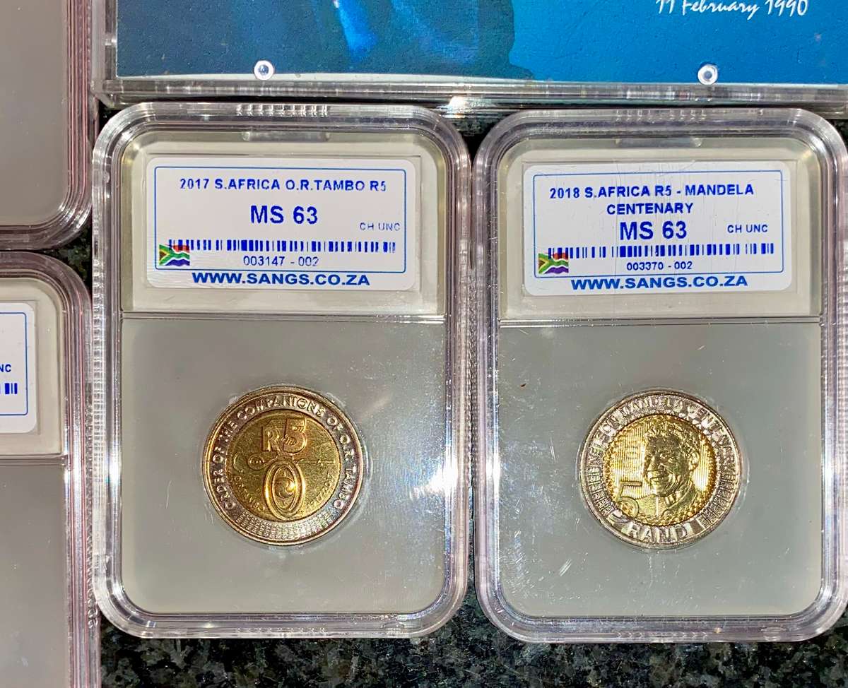 COMPLETE SET COMMEMORATIVE R5 COINS 1994 TO 2021--7 GRADED COIN MS66 -MS62 + PROOF LIKE 2000 MANDELA