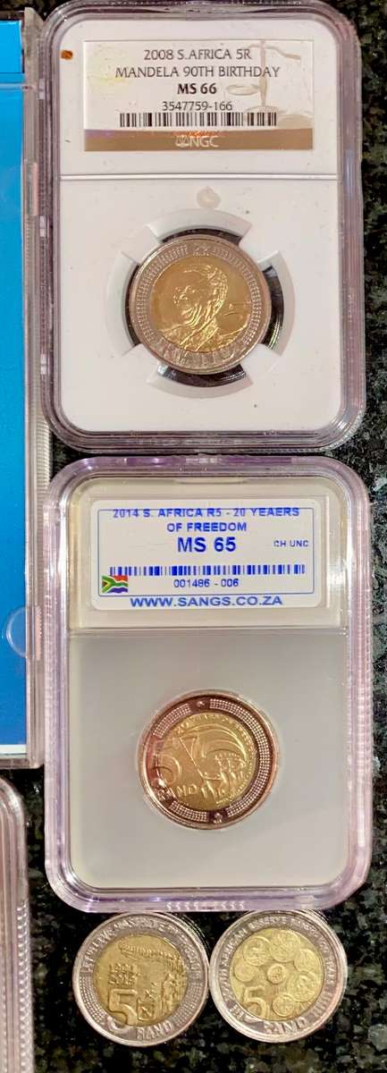 COMPLETE SET COMMEMORATIVE R5 COINS 1994 TO 2021--7 GRADED COIN MS66 -MS62 + PROOF LIKE 2000 MANDELA