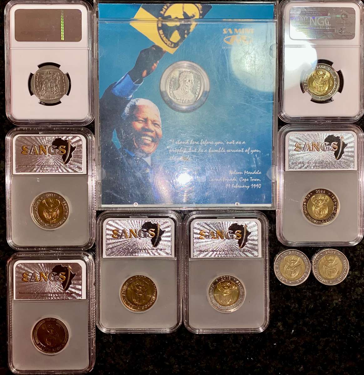 COMPLETE SET COMMEMORATIVE R5 COINS 1994 TO 2021--7 GRADED COIN MS66 -MS62 + PROOF LIKE 2000 MANDELA