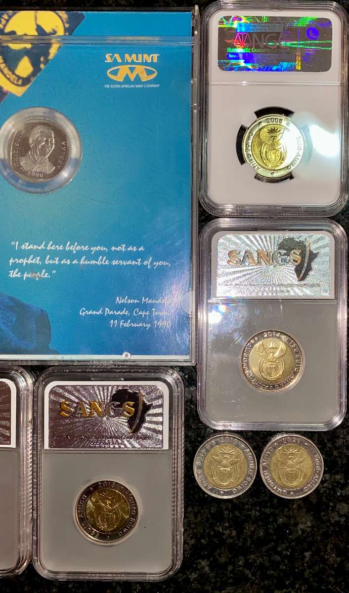 COMPLETE SET COMMEMORATIVE R5 COINS 1994 TO 2021--7 GRADED COIN MS66 -MS62 + PROOF LIKE 2000 MANDELA