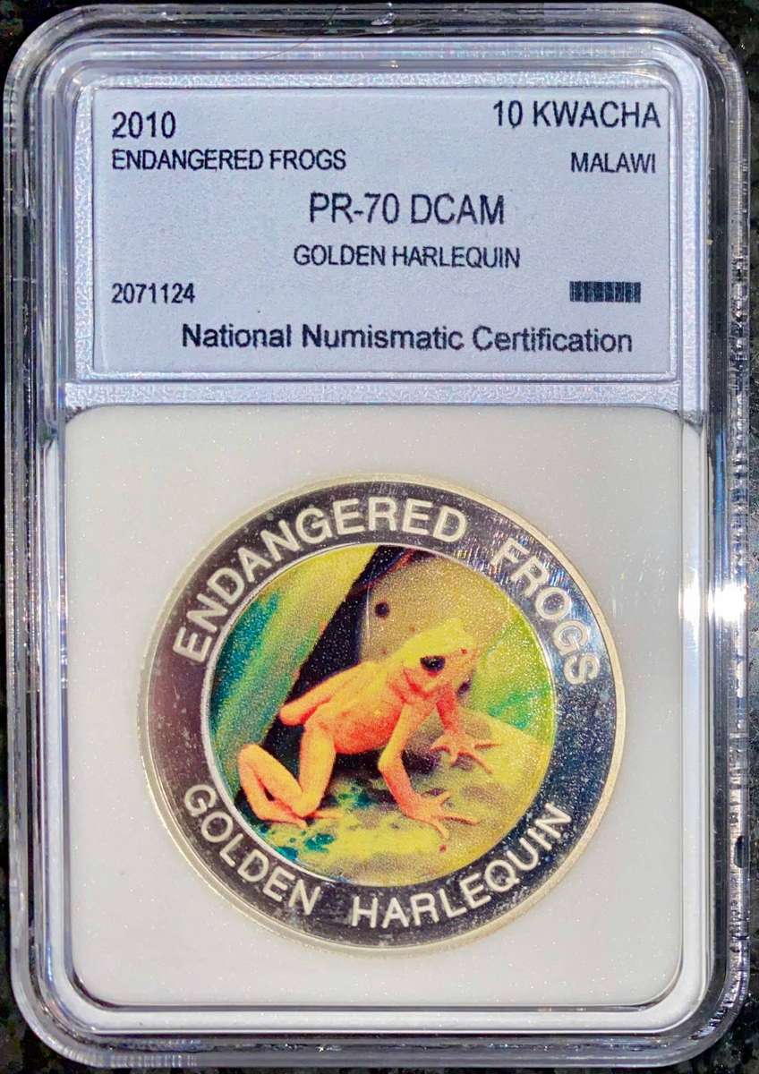 Malawi. Graded 10 kwacha -Golden harlequin Endangered Frogs 2010 graded PR70-DCAM NNC