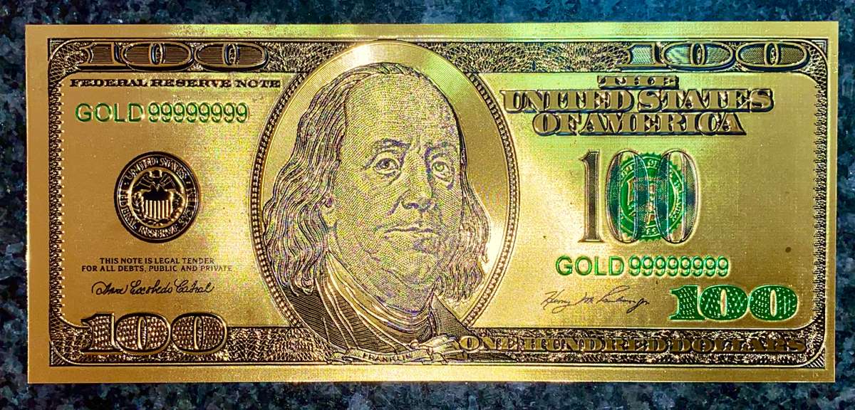 U S A -- 100 DOLLARS GOLD WITH GREEN SEAL  -- COLORIZED GOLD FOIL 999999 CARD - LOVELY ART -