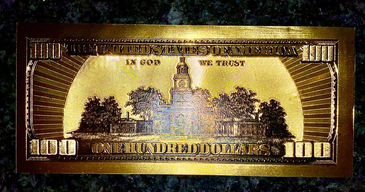 U S A -- 100 DOLLARS GOLD WITH GREEN SEAL  -- COLORIZED GOLD FOIL 999999 CARD - LOVELY ART -