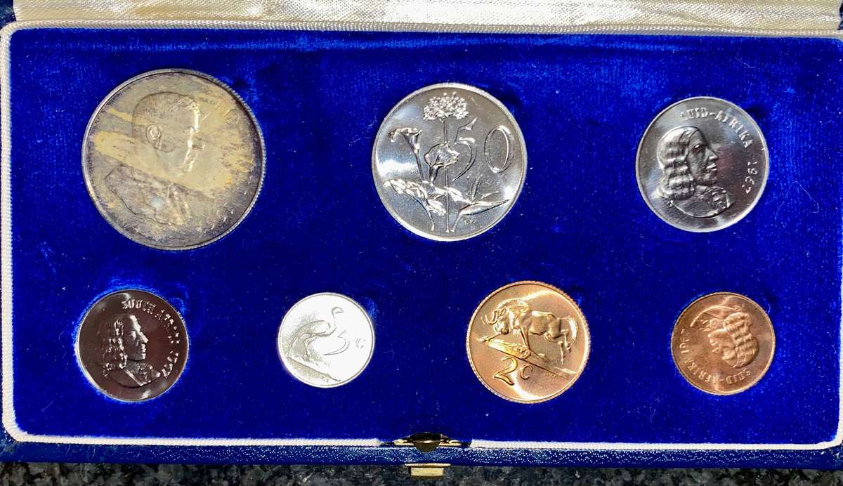 South Africa Proof Set Silver R1 Afrikaans to 1 cent 1967  in blue SA mint box