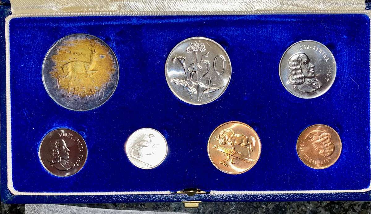 South Africa Proof Set Silver R1 Afrikaans to 1 cent 1967  in blue SA mint box