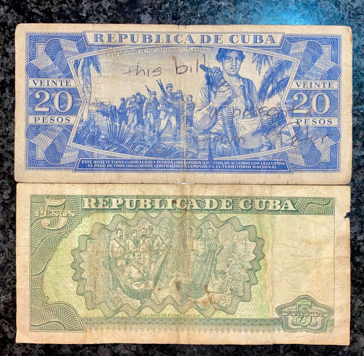 Cuba Set 20 pesos 1971 & 5 pesos 2001 (1 bid takes all)