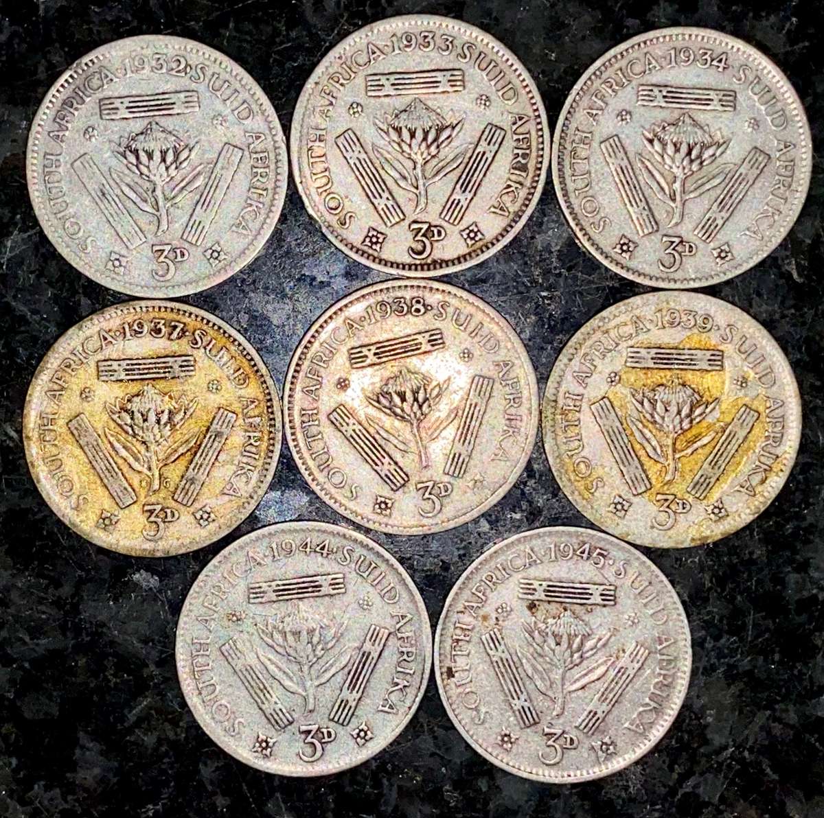 S A UNION SILVER SET 3D THREEPENCE 1932 - 1933 - 1934 - 1937 - 1938 - 1939 - 1944 & 1945 --