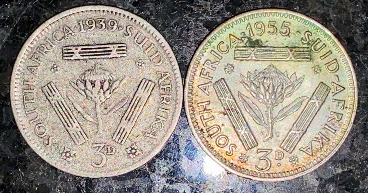 S A UNION SILVER SET 3D THREEPENCE 1939 & 1958 -- (1 BID TAKES ALL)