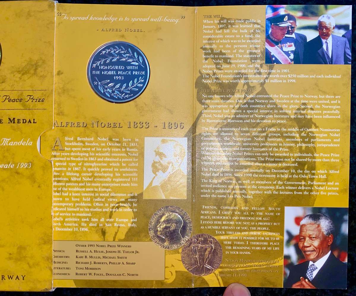 LAUREATES NOBEL PEACE PRIZE PROOF 1OZ STERLING SILVER LIMITED 25,000 NORWAY MINT + ORIGINAL FOLDER