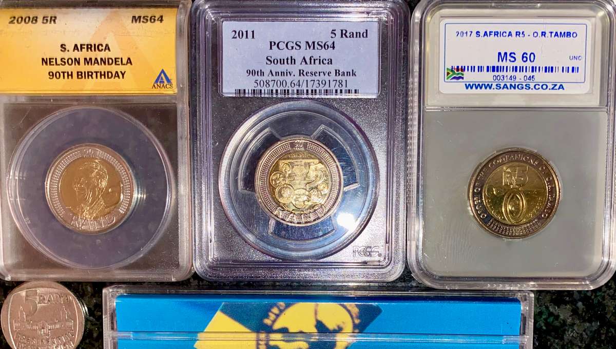 Complete set commemorative R5 coins 1994 to 2021 - 3 graded coin MS64-MS60 + proof like 2000 Mandela