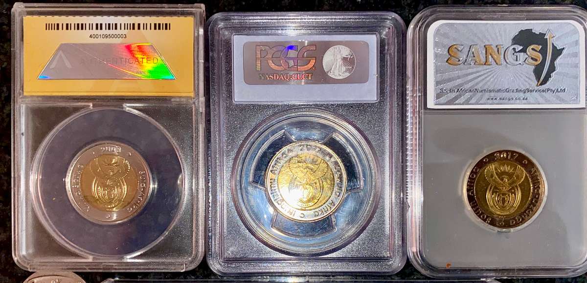 Complete set commemorative R5 coins 1994 to 2021 - 3 graded coin MS64-MS60 + proof like 2000 Mandela