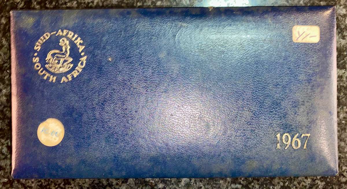 SOUTH AFRICA PROOF SET SILVER R1 TO 1 CENT -- 1967 AFRIKAANS GOLD TONING -- IN BLUE SA MINT BOX