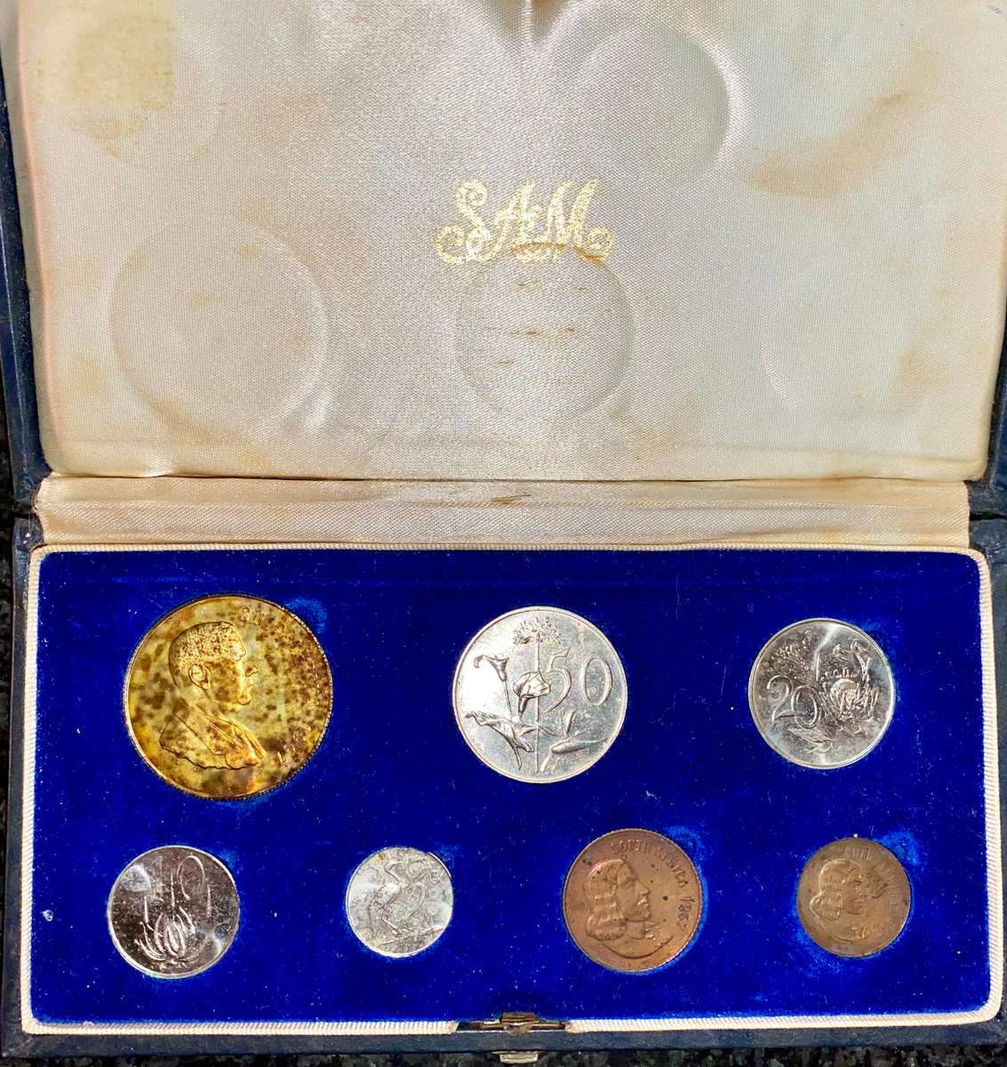 SOUTH AFRICA PROOF SET SILVER R1 (NICE TONING) TO 1 CENT -- 1966 AFRIKAANS -- IN BLUE SA MINT BOX
