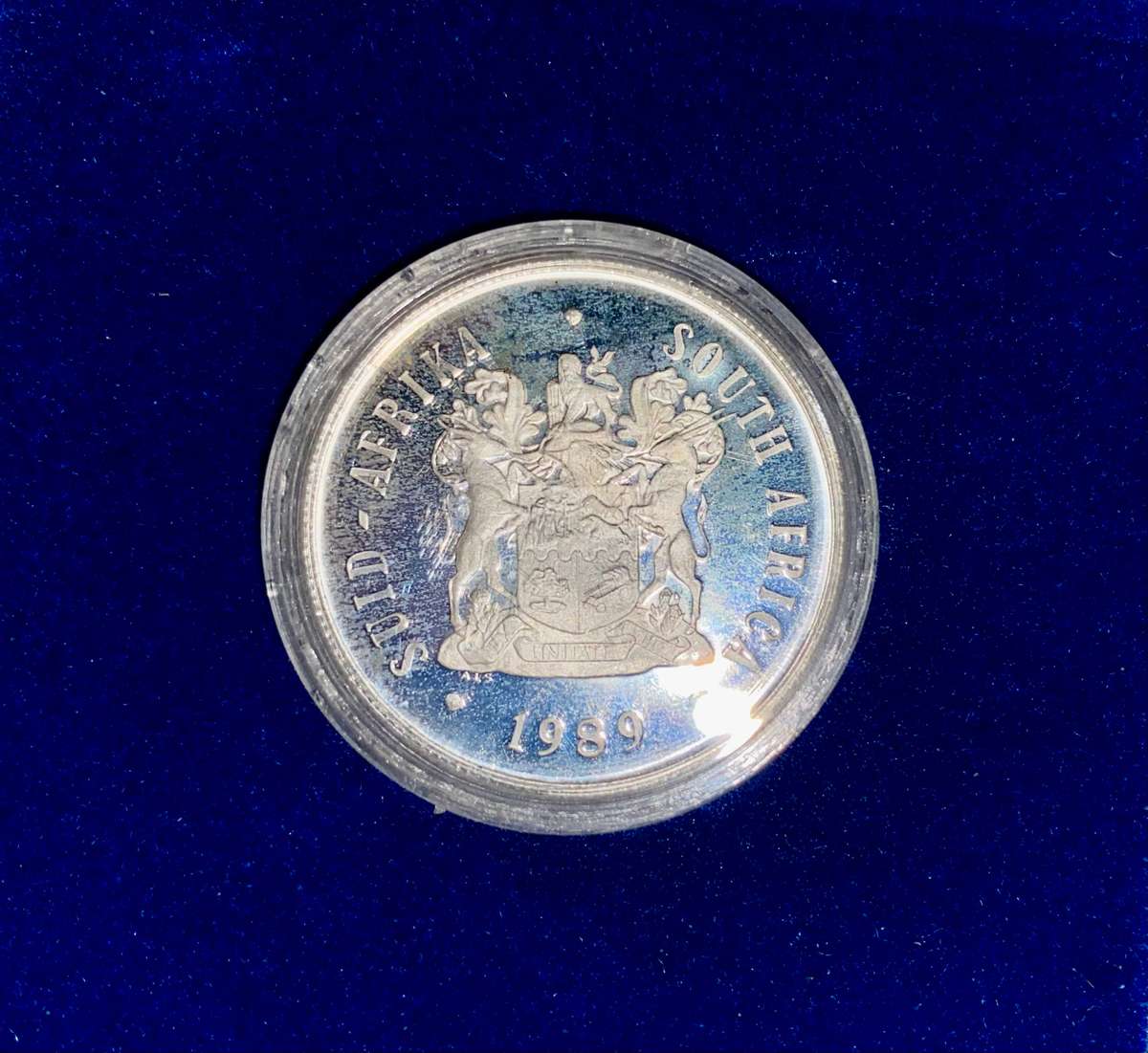 SOUTH AFRICA SILVER PROOF R1 --1992-- COAT OF ARMS - IN SA MINT BOX
