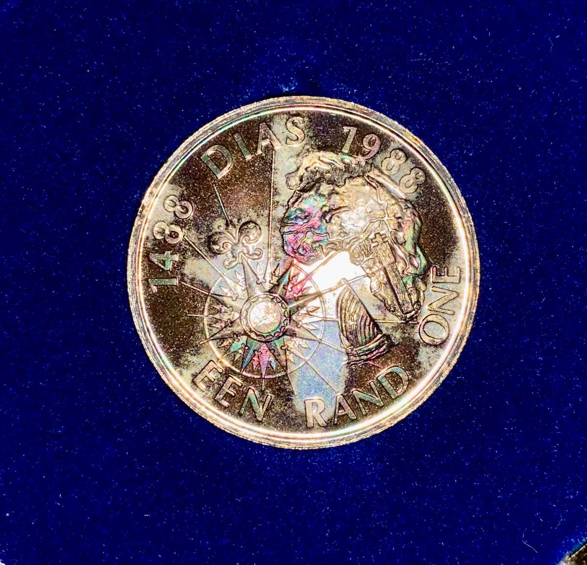 SOUTH AFRICA SILVER PROOF R1 AMAZING BLUE TONING --1988-- BARTHOLOMEW DIAS IN SA MINT BOX