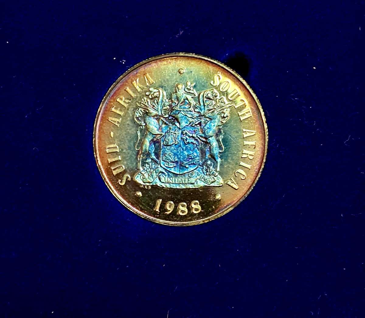 SOUTH AFRICA SILVER PROOF R1 AMAZING BLUE TONING --1988-- BARTHOLOMEW DIAS IN SA MINT BOX