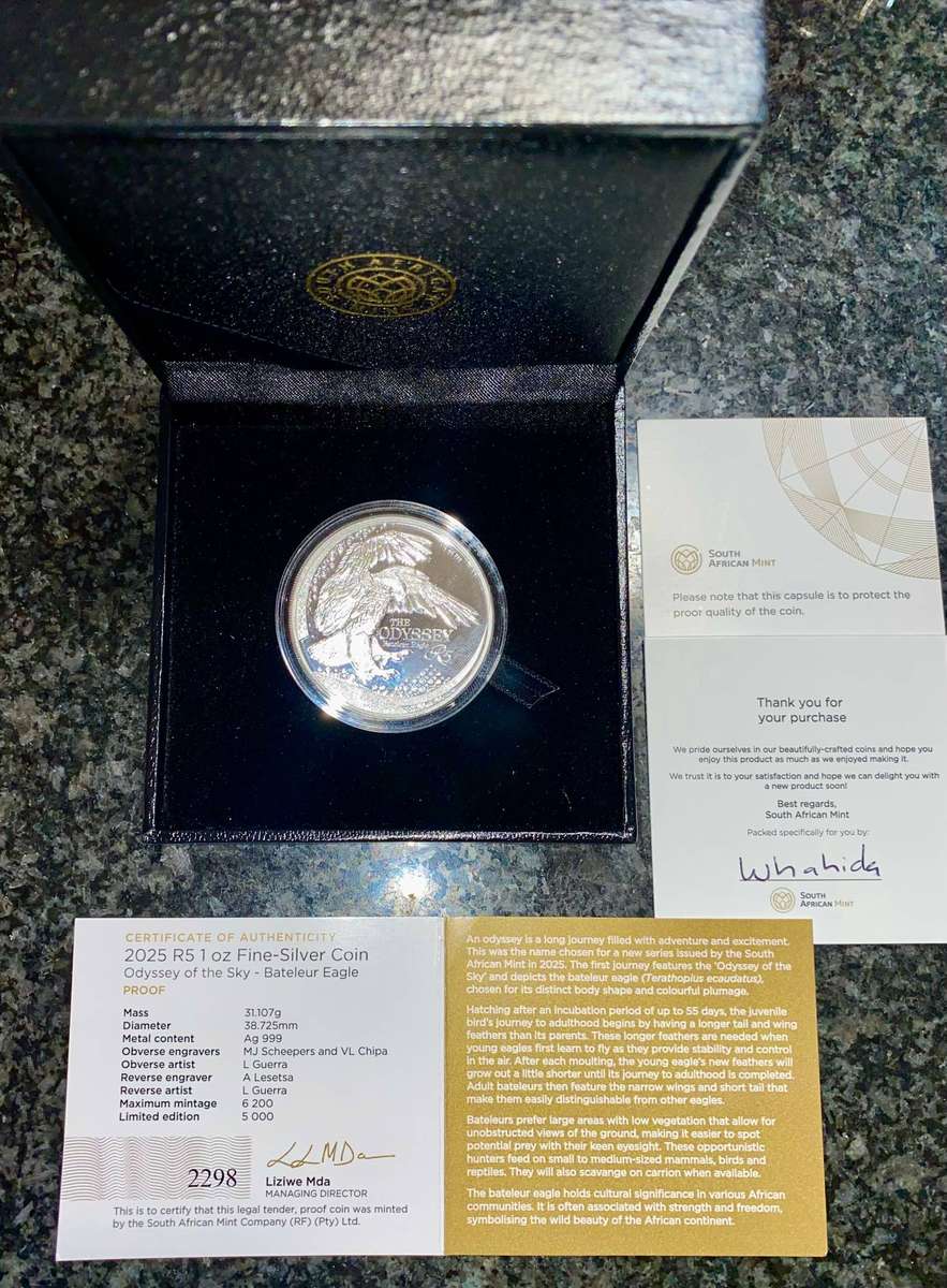 South Africa Proof 1OZ Silver R5 - Odyssey of Sky Bateleur Eagle 2025 - BOXED & CERTIFICATE