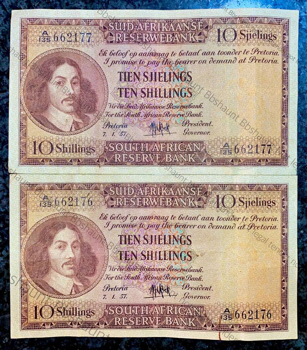 Mh De Kock. 10 shillings in sequence A135 /662177-176 third issue 1957 (1 bid takes all)