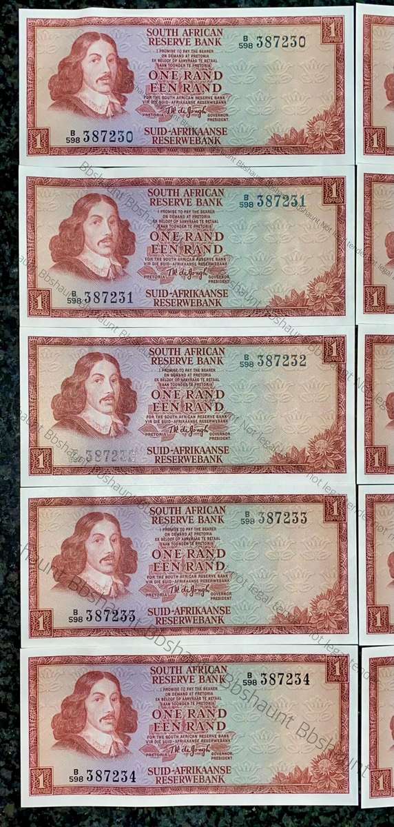 TW De Jongh. R1 in sequence B598 /387230-239 unc-aunc 3rd issue 1975 (1 bid takes all 10)