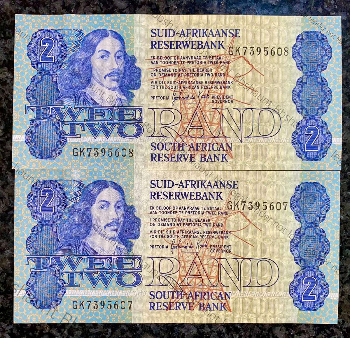 GPC De Kock. R2 in sequence GK7395607-608 UNC -- 3rd issue 1984 (1 bid takes all )