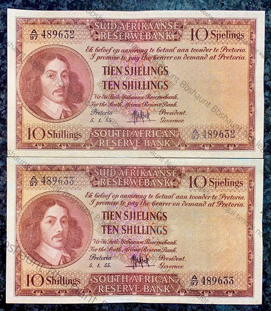 MH DE KOCK 10 SHILLINGS IN SEQUENCE A97 /489633-632 E/A 5.1.1955 CRISP NOTES EF (1 BID TAKES ALL)
