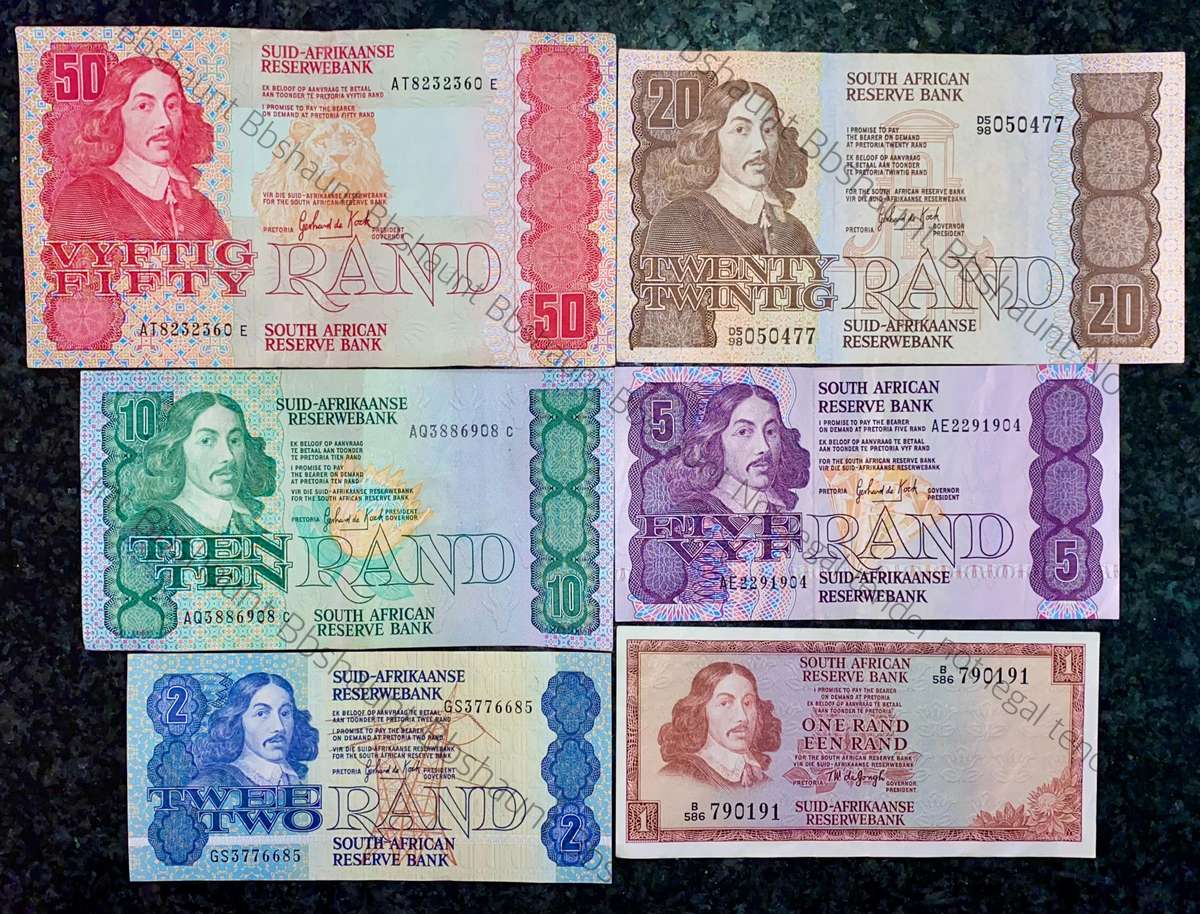 COMPLETE SET OF GPC DE KOCK & DECIMALS R50 TO R2 -- 1980s (R1 TW DE JONGH 1975)- (1 BID TAKES ALL)