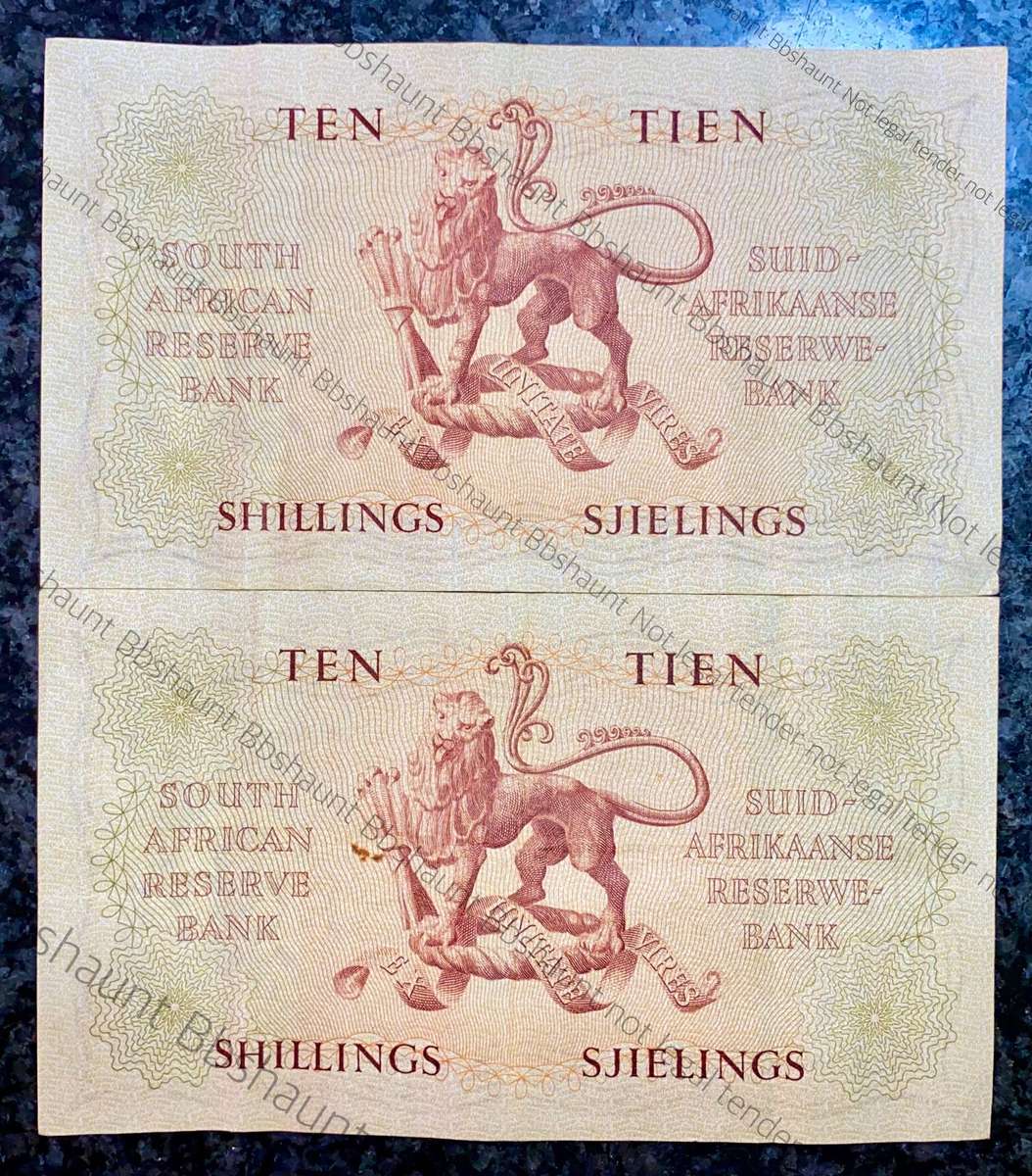 Mh De Kock. 10 shillings in sequence A135 /662177-176 third issue 1957 (1 bid takes all)