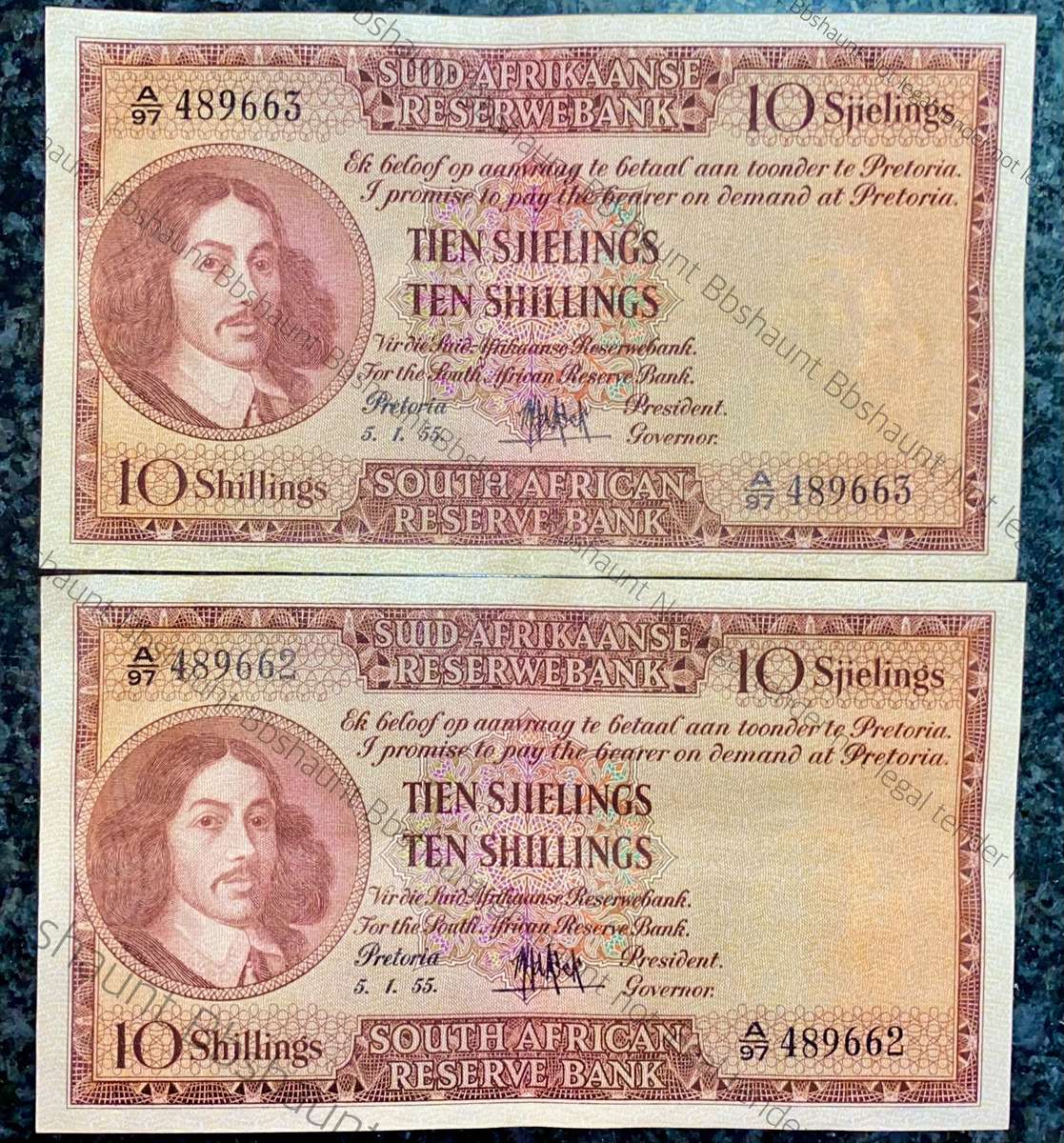 MH DE KOCK 10 SHILLINGS IN SEQUENCE A97 /489662-663 A/E 5.1.1955 CRISP NOTES EF (1 BID TAKES ALL)