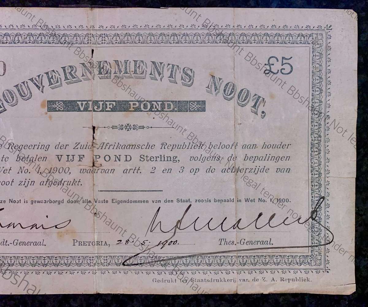 Z.A.R Pretoria 5 pound Government Noot 28-5-1900 - missing NO prefix - 12830 Spade Boarder