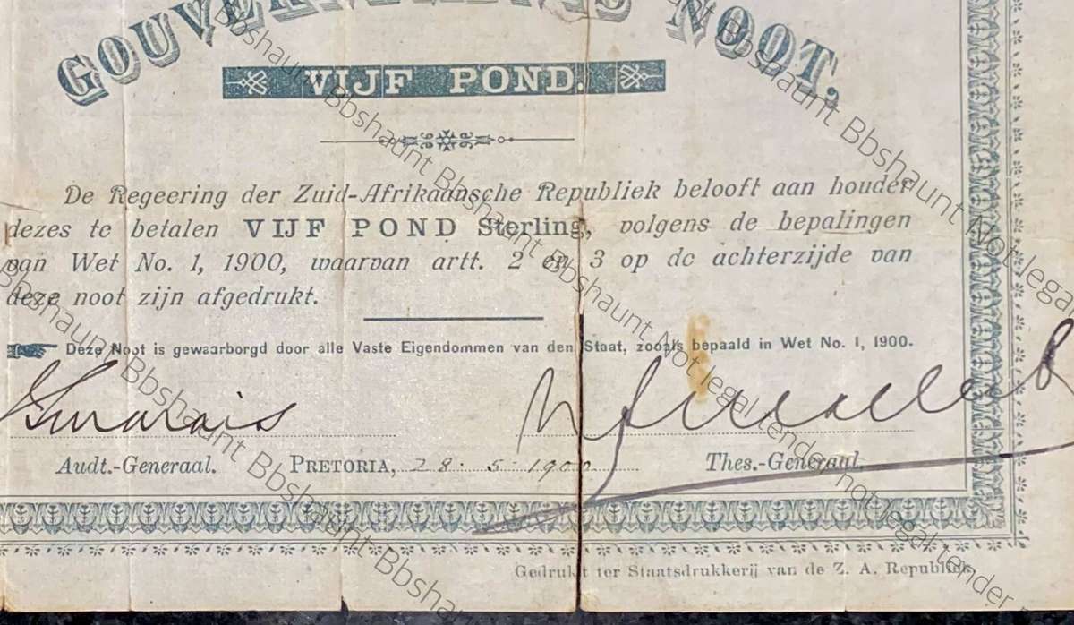 Z.A.R Pretoria 5 pound Government Noot 28-5-1900 -missing NO prefix- 12059 Spade Boarder