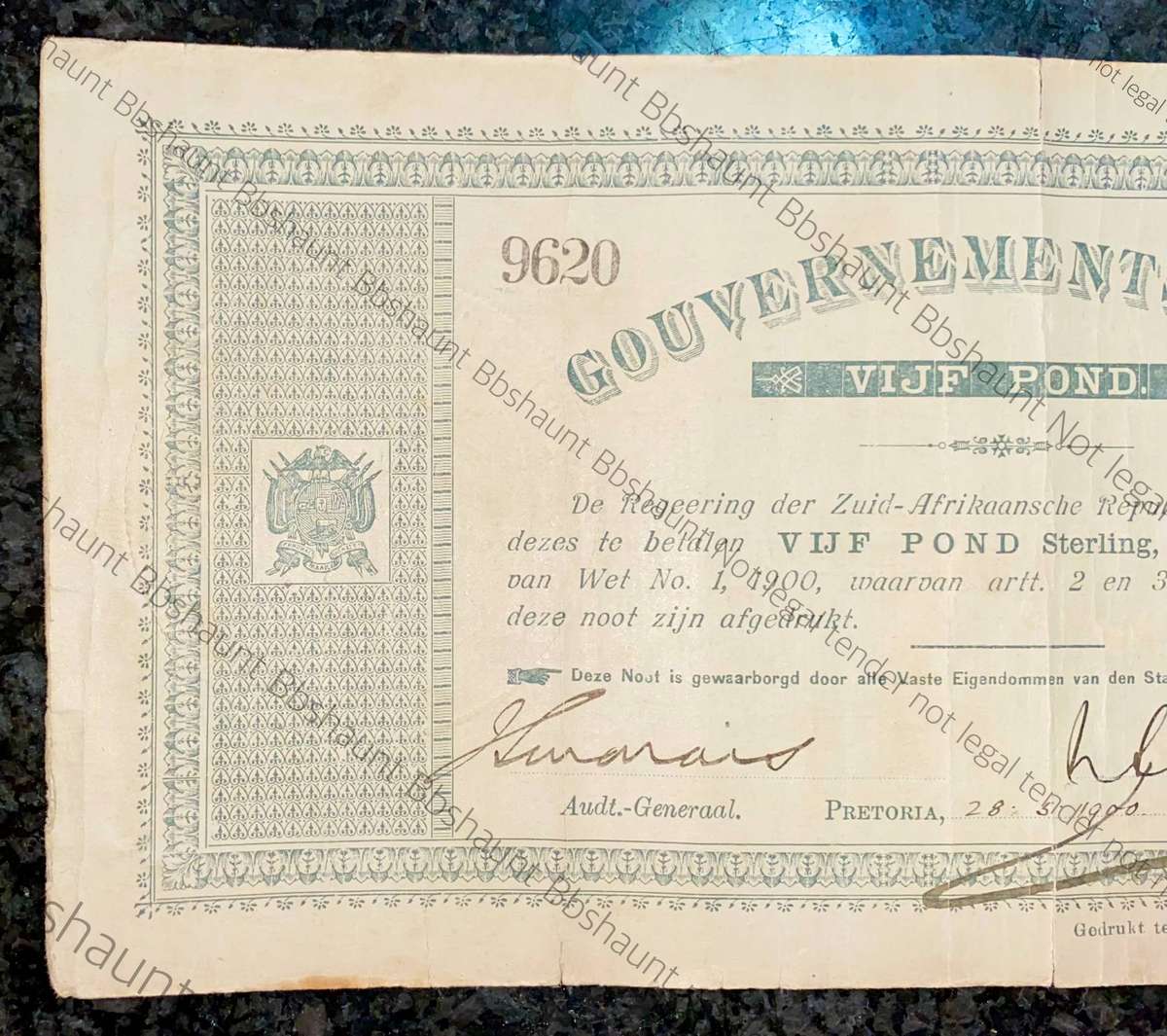 Z.A.R Pretoria 5 pound Government Noot 28-5-1900 - missing NO prefix - 9620 Spade Boarder