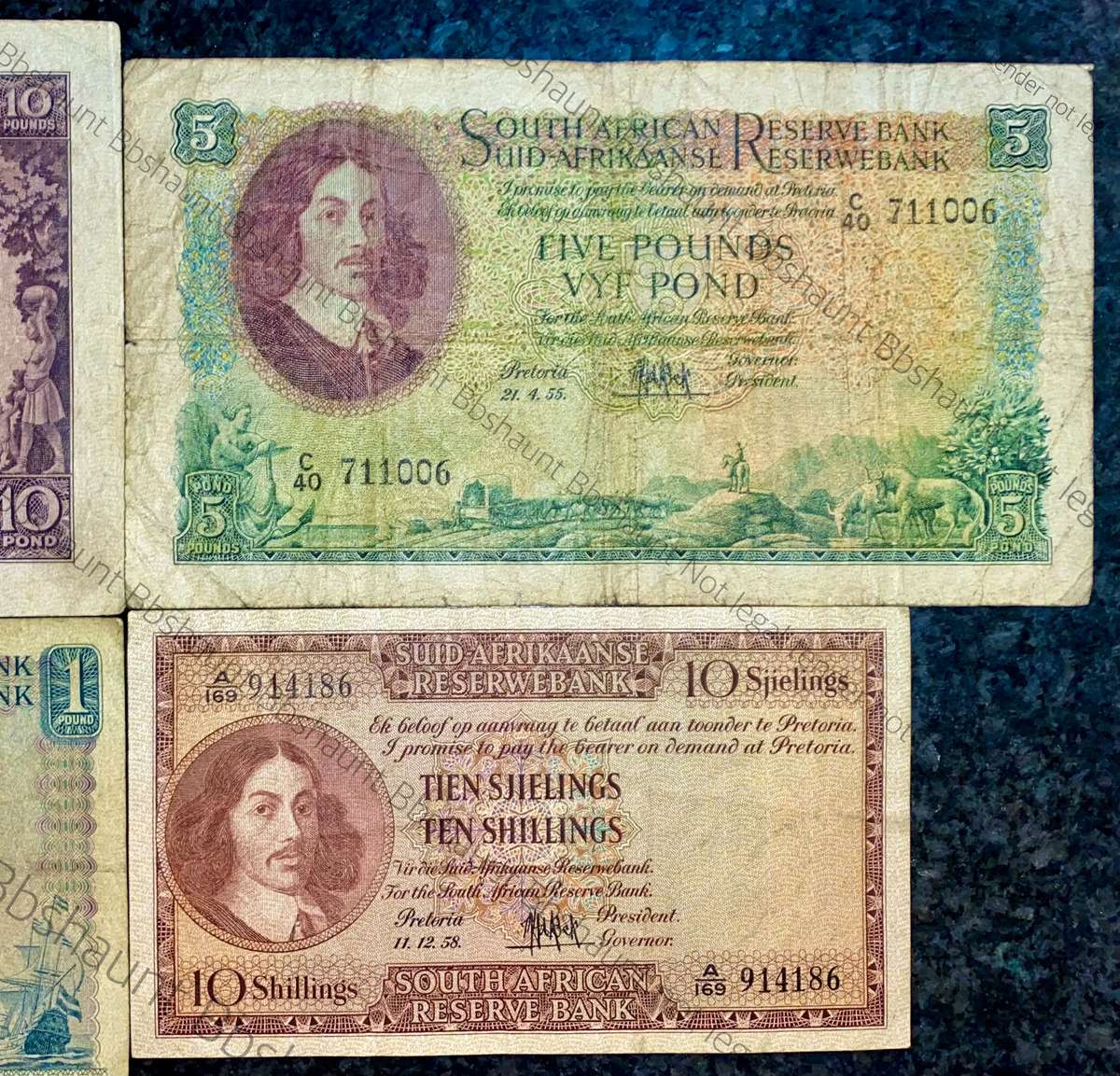 MH DE KOCK SET 10 POUND 1952, 5 POUND 1955, 1 POUND 1958 & 10 SHILLINGS 1958 (1 BID TAKES AL