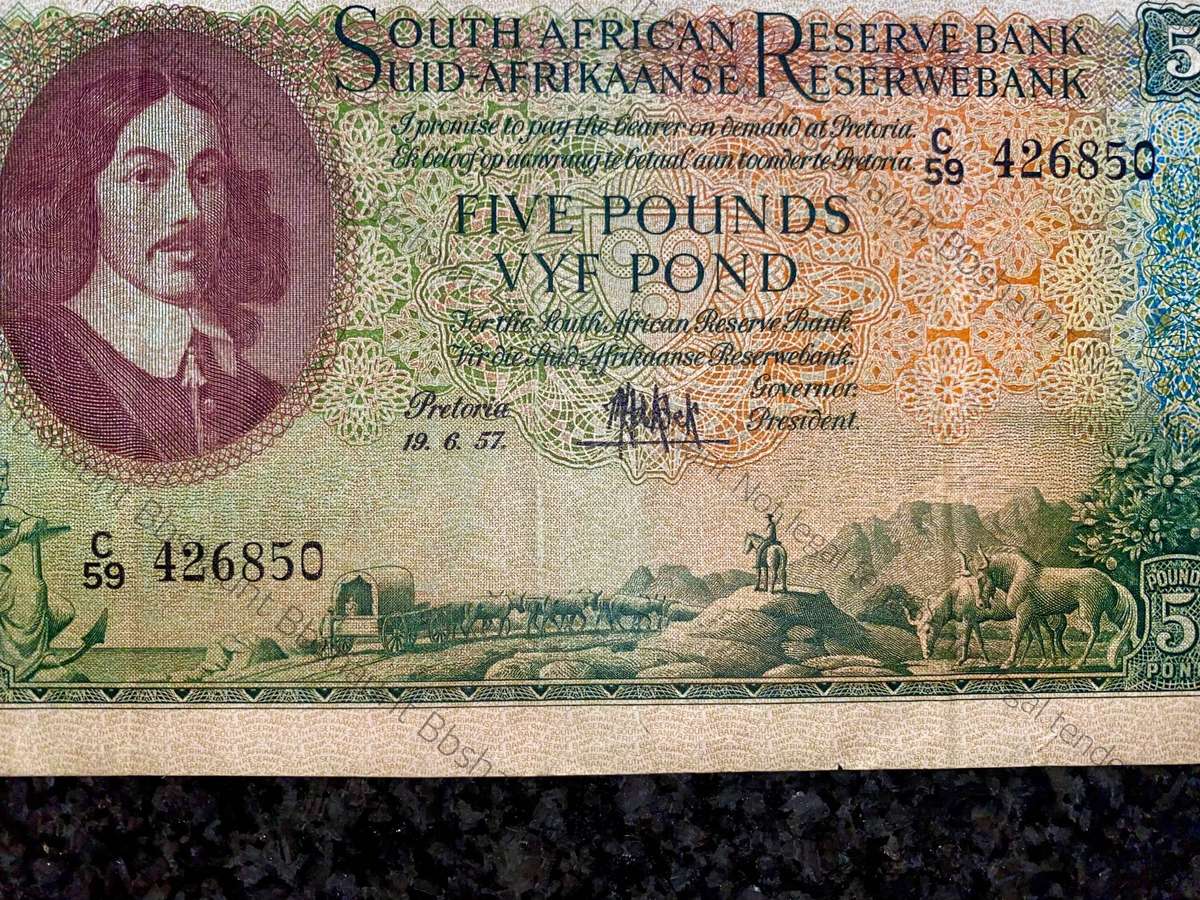 MH De Kock. 5 pound 19-6-1957 Pretoria C59 Good Condition
