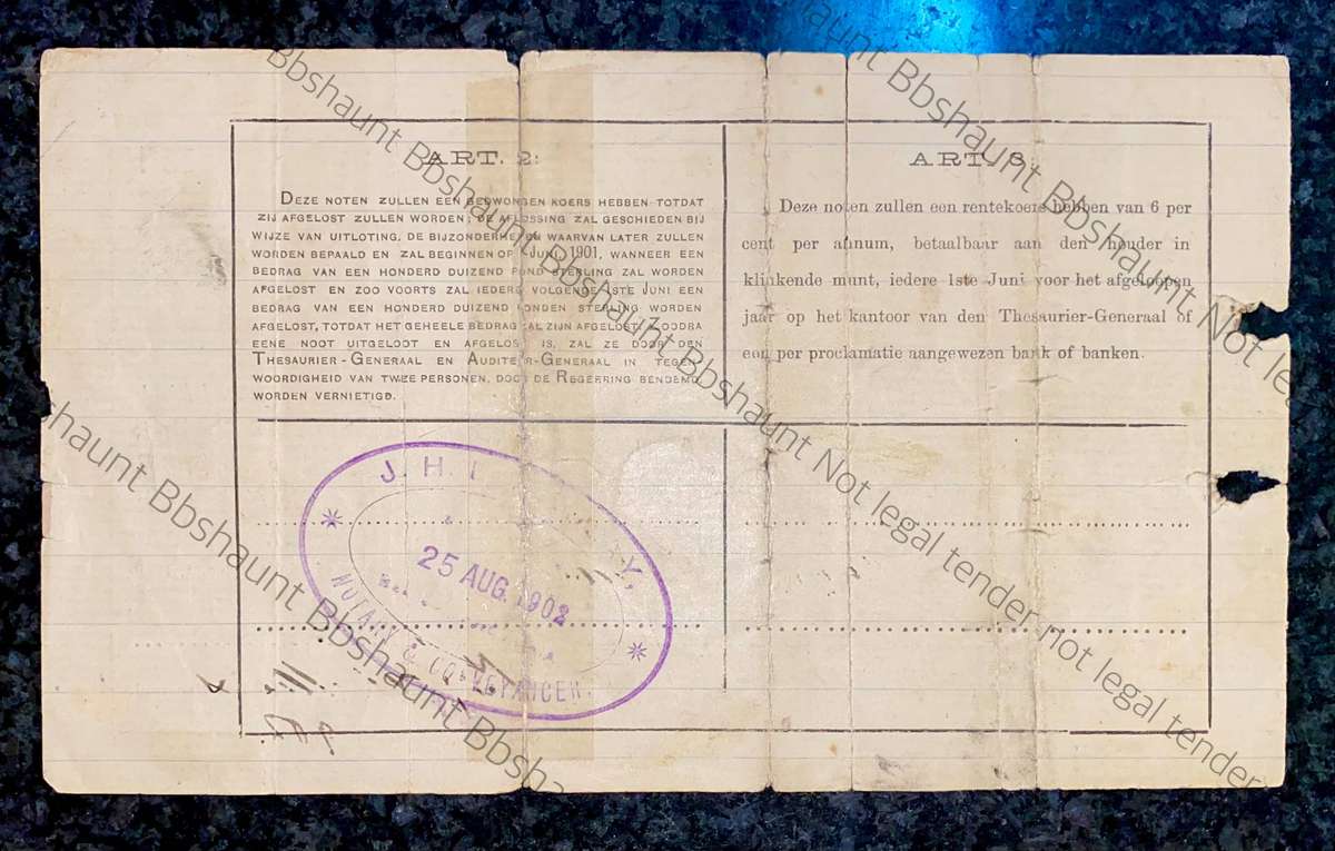 Z.A.R. TE Velde 1 pound Governements Noot 1-5-1902 - Pelgrims Rust - with Findlay stamp