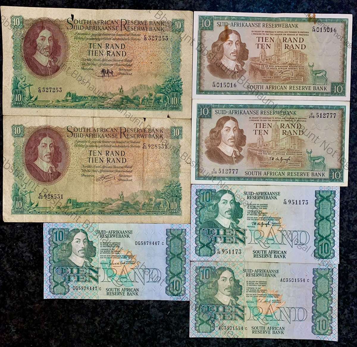 set of R10 all governors 1961-1990 MH De Kock - Rissik - De Jongh - stals - de kock(1 bid takes all)